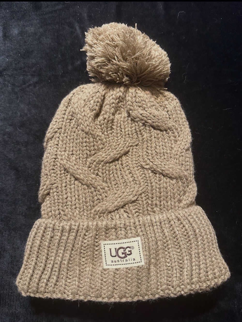 UGG Tan Cable-Knit Pom Beanie